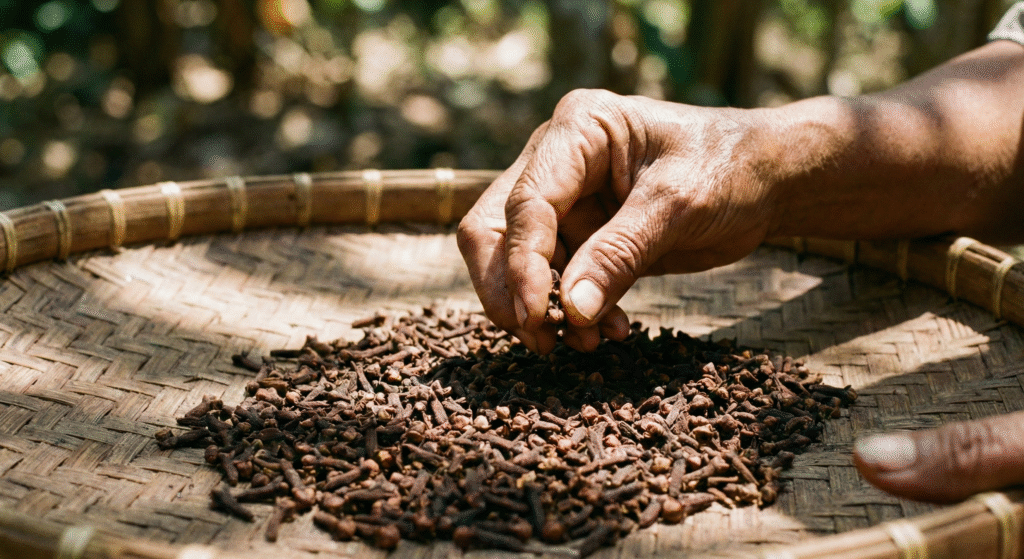 local woman's hands sorting through a pile dried clove spices spread